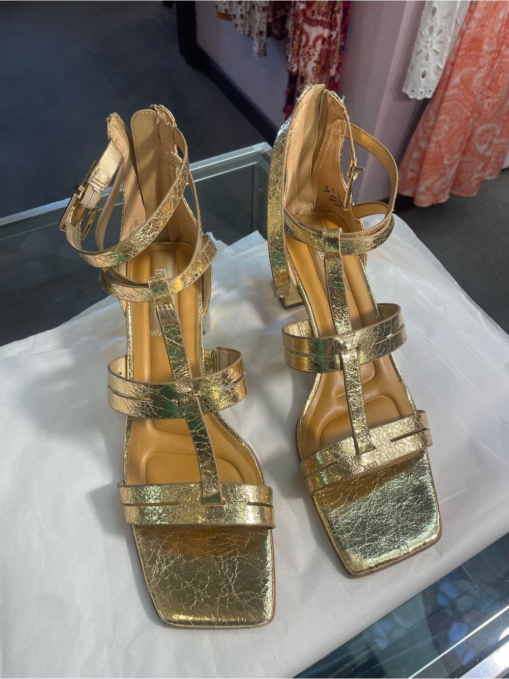 Franco Sarto Gold Metallic Strappy Block Heel Sandals